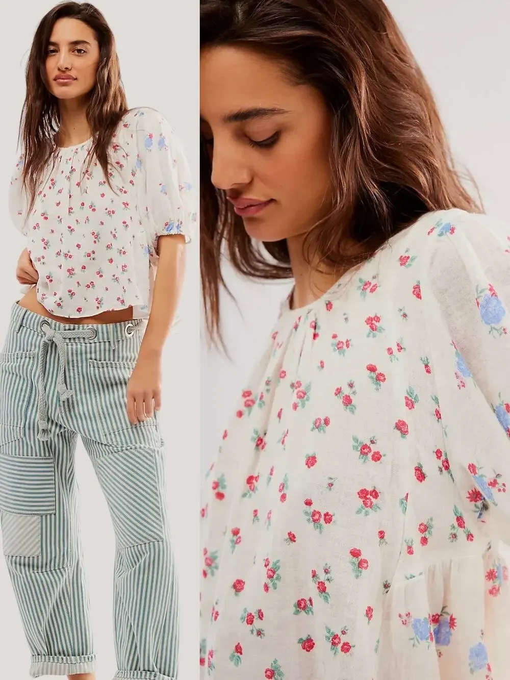Free People Dainty Chloe Printed Top Floral XL Cottage Bow Gauze Shabby Chic